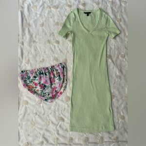 BANANA REPUBLIC Light Green Fitted Ribbed V-Neck Midi Dress and Floral Crop Top
